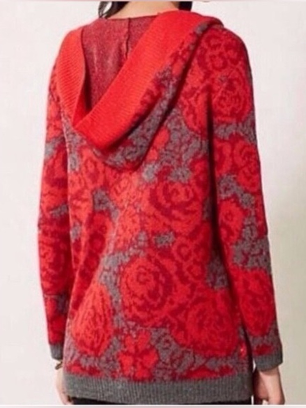 Anthropologie Sparrow Maraschino Red Floral Wool Hooded Cardigan - Picture 7 of 8